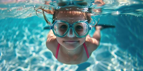 Naklejka premium A young girl swimming laps in an indoor pool, wearing goggles and a swimsuit