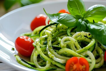 Macro shot of a plate of zucchini noodles with pesto sauce and cherry tomatoes 