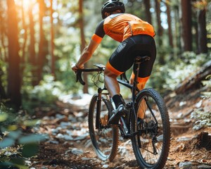 Fototapeta premium Embracing Nature's Path - Cyclist Adventuring Through Sunlit Forest Trail