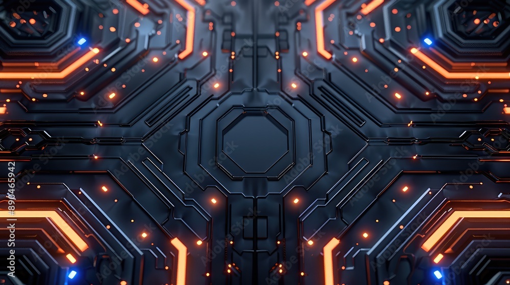 Poster Abstract futuristic circuit board lights moving on black surface and design concepts, symmetrical composition with empty space in the middle. Generative AI.