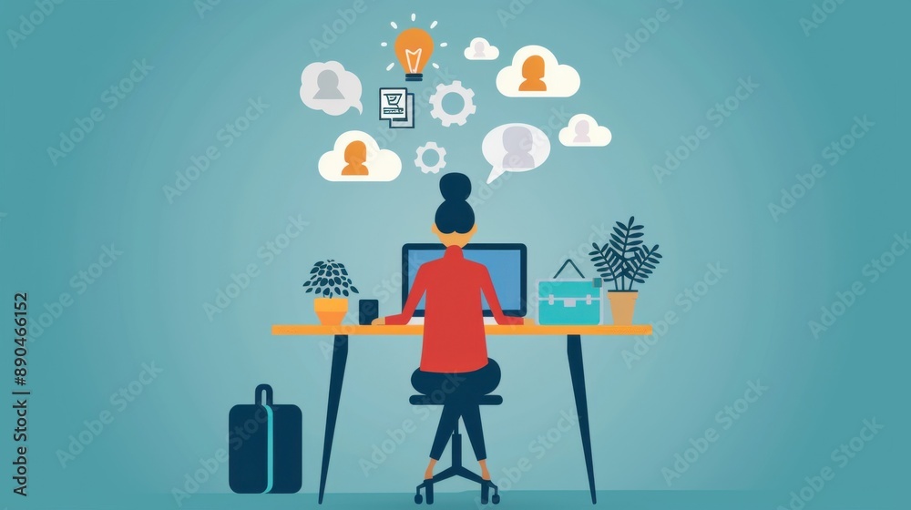 Poster remote worker using cloud-based productivity tools, efficient and connected.