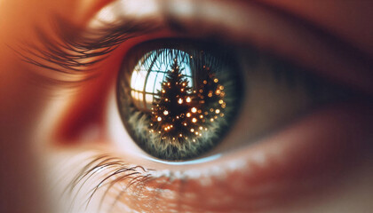Close up of refection of Christmas tree in a person's eye