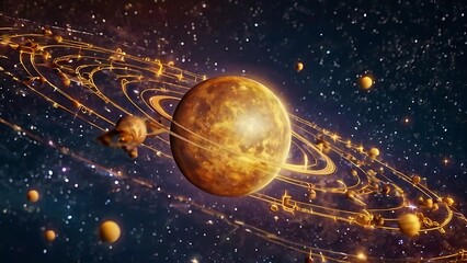 Golden planet surrounded by zodiac signs and glowing stars in a dark space. Suitable for astrology, celestial themes, and astronomy projects.