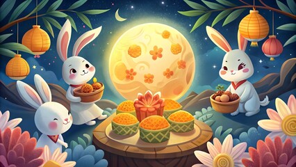 Fototapeta premium Happy Mid-Autumn Festival Rabbits and Mooncakes Illustration - Festive Celebration, Traditional Delicacies, and Enchanting Night Ambiance