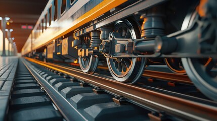 Close-up view of a train's wheels and suspension system on the tracks at a station with a blurred background.
