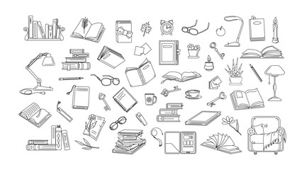 Objects on reading topic, black and white