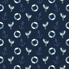 Lifebuoys with anchors, seagulls. Watercolor illustration, hand drawn in childish style. Seamless pattern on a blue background.