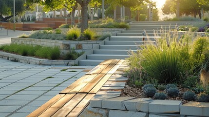 Obraz premium Medium urban design, seat wall terracing down to paved lower plaza, 2 terraced plantings beside seat wall, late afternoon light. Generative AI.