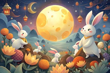 Naklejka premium Enchanting Mid-Autumn Festival Night Fairytale Illustration with Rabbits, Full Moon, and Chinese Lanterns - Perfect for Celebrating Cultural Heritage and Festive Joy