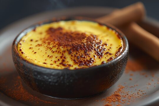 Craft a visually striking image showcasing Natilla, a traditional Colombian custard, from a unique low angle perspective, expertly garnished with a sprinkle of flavorful cinnamon