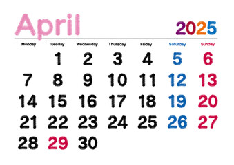 2025年4月の刺繍文字風カレンダー月曜始まり
