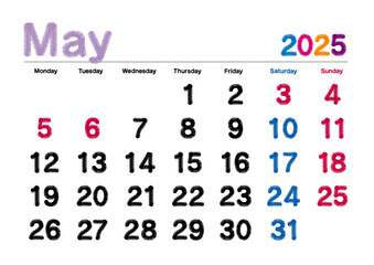 2025年5月の刺繍文字風カレンダー月曜始まり
