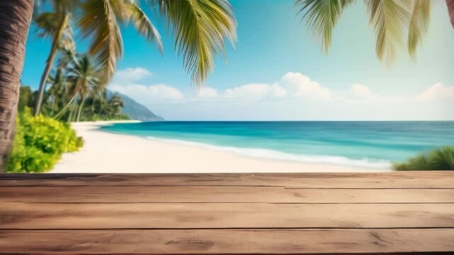 A wooden table with a view of the ocean and palm trees. The table is empty and the view is serene and peaceful