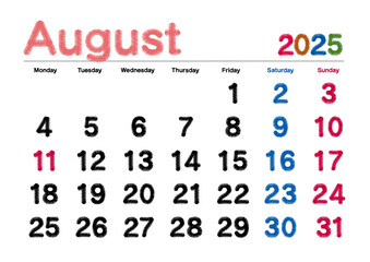 2025年8月の刺繍文字風カレンダー月曜始まり
