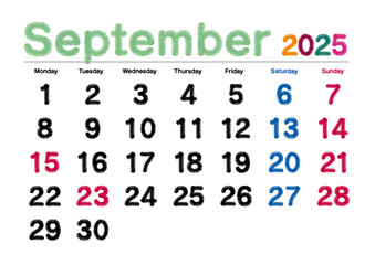 2025年9月の刺繍文字風カレンダー月曜始まり
