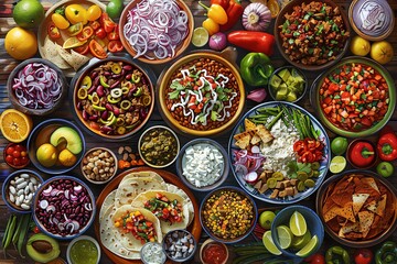 Fototapeta premium Illustrate a detailed depiction of Huaraches adorned with an array of textured beans, savory meat, and vibrant toppings in a traditional oil painting style