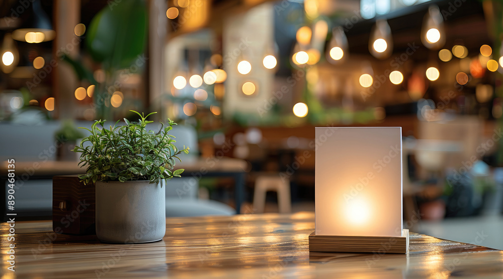 Poster A stand mock-up Empty menu frame tent card placed on a table in a small and cozy restaurant. The background is blurred, showcasing the warm and inviting ambiance of the restaurant. Generative AI.