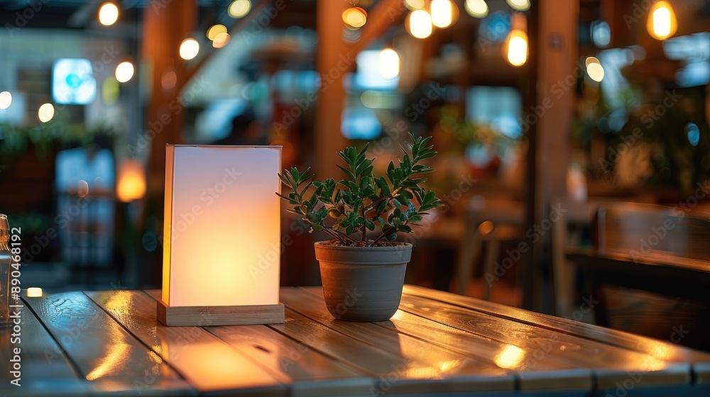 Aufkleber A stand mock-up Empty menu frame tent card placed on a table in a small and cozy restaurant. The background is blurred, showcasing the warm and inviting ambiance of the restaurant. Generative AI.
