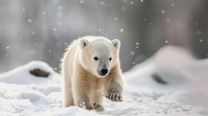 Naklejka premium Cute baby polar bear walking in snow winter