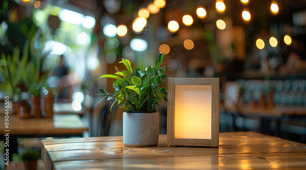 Poster A stand mock-up Empty menu frame tent card placed on a table in a small and cozy restaurant. The background is blurred, showcasing the warm and inviting ambiance of the restaurant. Generative AI.
