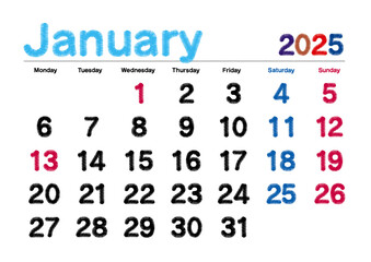 2025年1月の刺繍文字風カレンダー月曜始まり

