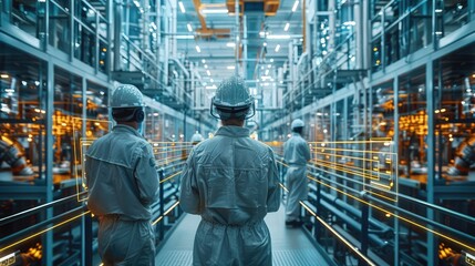 An engineer team in a heavy industry manufacturing factory that has been digitalized and transformed into a digital twin of the industrial process. Generative AI.