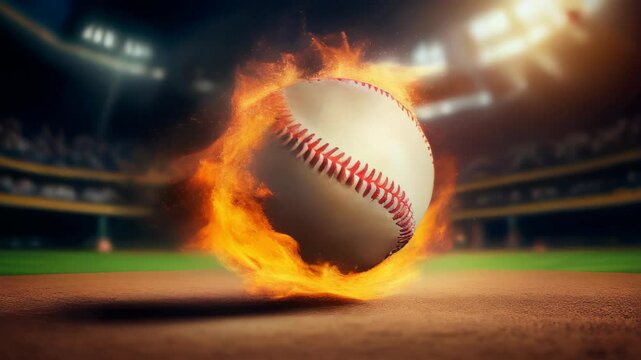 A baseball is on fire and is surrounded by flames. Concept of danger and excitement, as the ball is in the midst of a fiery explosion