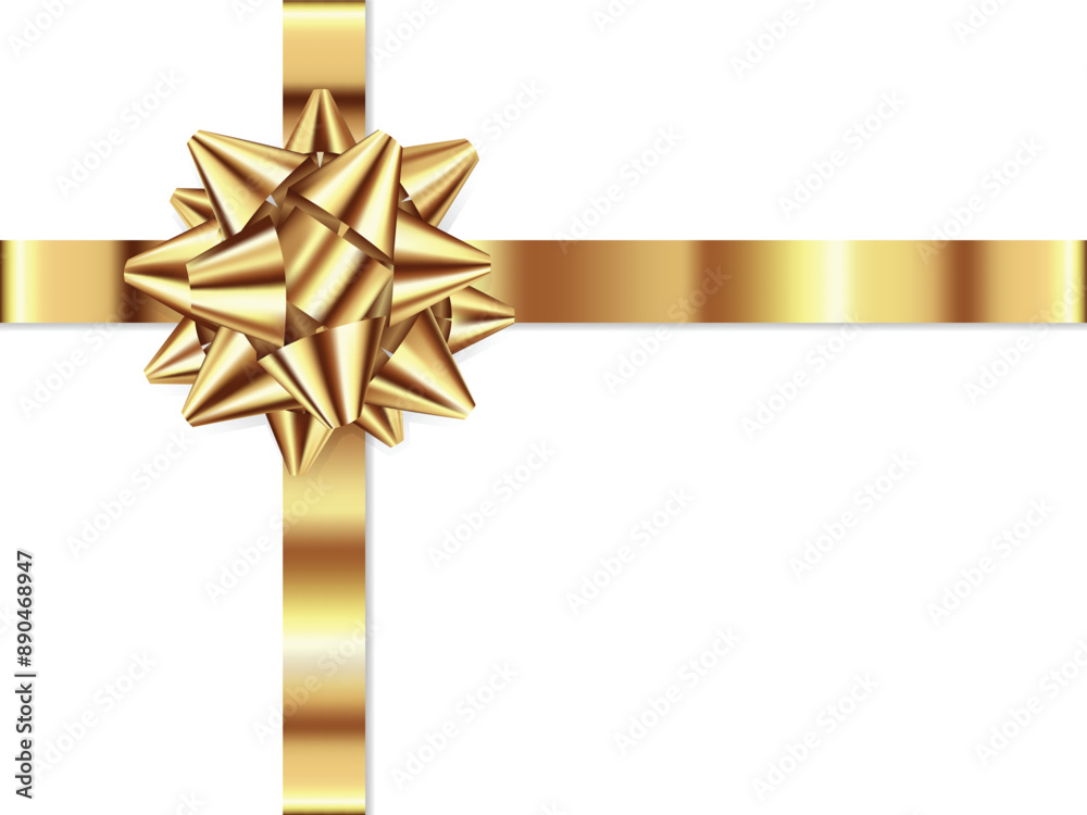 Poster Gold bow fluffy realistic shiny with horizontal and Vertical cross ribbon decorative elements for birthday ,wedding card, gift card gift box or website Vector EPS10 isolated on white background.