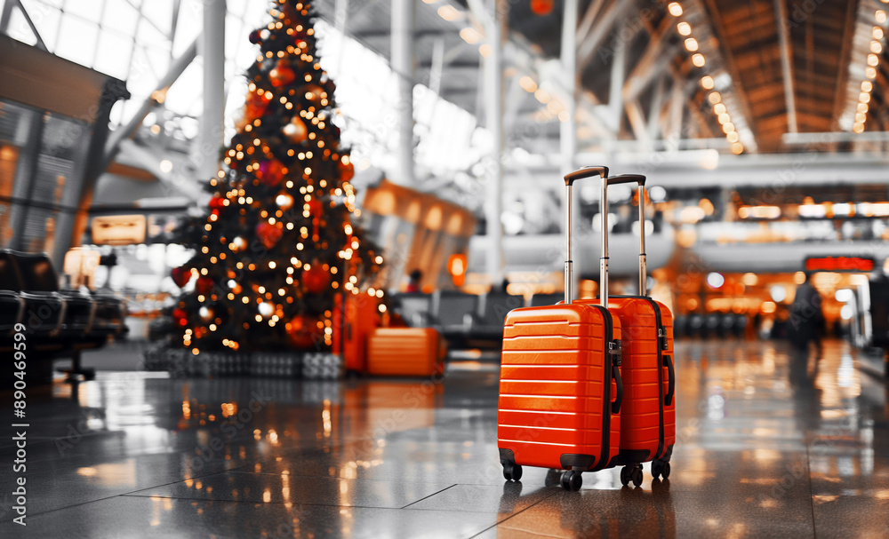 Wall mural red suitcases in an airport terminal with a large decorated christmas tree in the background, showin