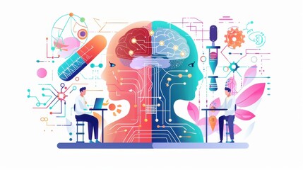 Scientific synergy, AI research integration, flat design illustration