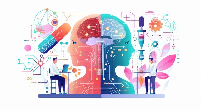 Scientific synergy, AI research integration, flat design illustration