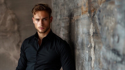 Obraz premium handsome male model in black shirt standing against the wall, portrait of a guy 