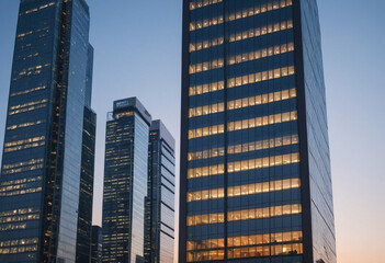 Fototapeta premium A minimalist, modern skyscraper reflecting the city lights at dusk. 