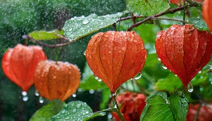 雨に濡れたほおずき