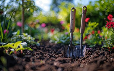 gardening tools on soil with plants, spring garden background