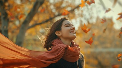 Young Woman Enjoying Autumn Breeze in Park with Falling Leaves