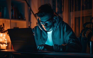 Fototapeta premium Hacker in a Dark Room Working on a Laptop at Night