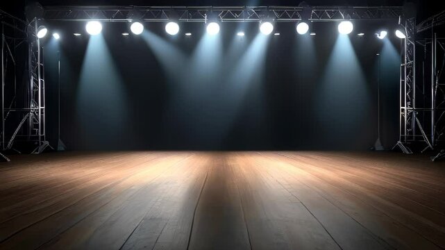 A stage with a spotlight on it. The stage is empty and the lights are on. Scene is dramatic and intense