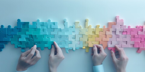 Elements, entities being linked. The concept of new values and technology forming a new society and a diverse flow and unity, teamwork. jigsaw collaboration