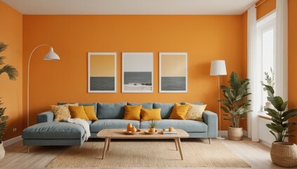 Fototapeta premium Modern living room interior with sofa and orange pastel walls