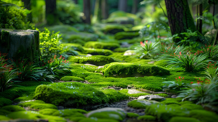 Moss Garden creating lush green carpet, eco-friendly moss cultivation. Contemplative garden space