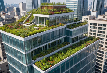  A modern eco-friendly skyscraper with rooftop gardens and solar panels in a bustling metropolis. 