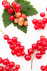 Branches of red currant berries with leaf on white background. Top view