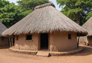  A traditional African mud hut with thatched roof in a vibrant village marketplace. 