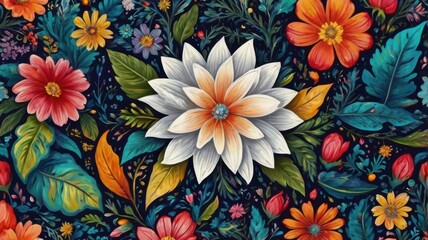 Colorful Floral Pattern with Various Flowers and Leaves