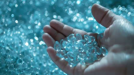 Hand Holding Clear Blue Crystals