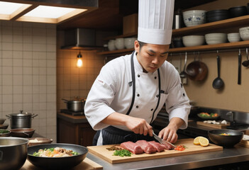  A chef preparing a delicious meal in a traditional Japanese kitchen. 