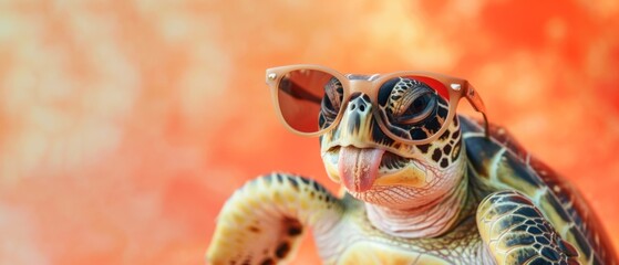 Funny animal summer holiday vacation travel photography banner background - Close up of cheeky sea turtle tortoise with sunglasses and tongue out, isolated on apricot background