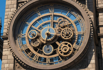 Obraz premium A giant clock tower with gears and cogs exposed on the exterior, showcasing the intricate mechanics of timekeeping. 
