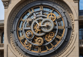  A giant clock tower with gears and cogs exposed on the exterior, showcasing the intricate mechanics of timekeeping. 